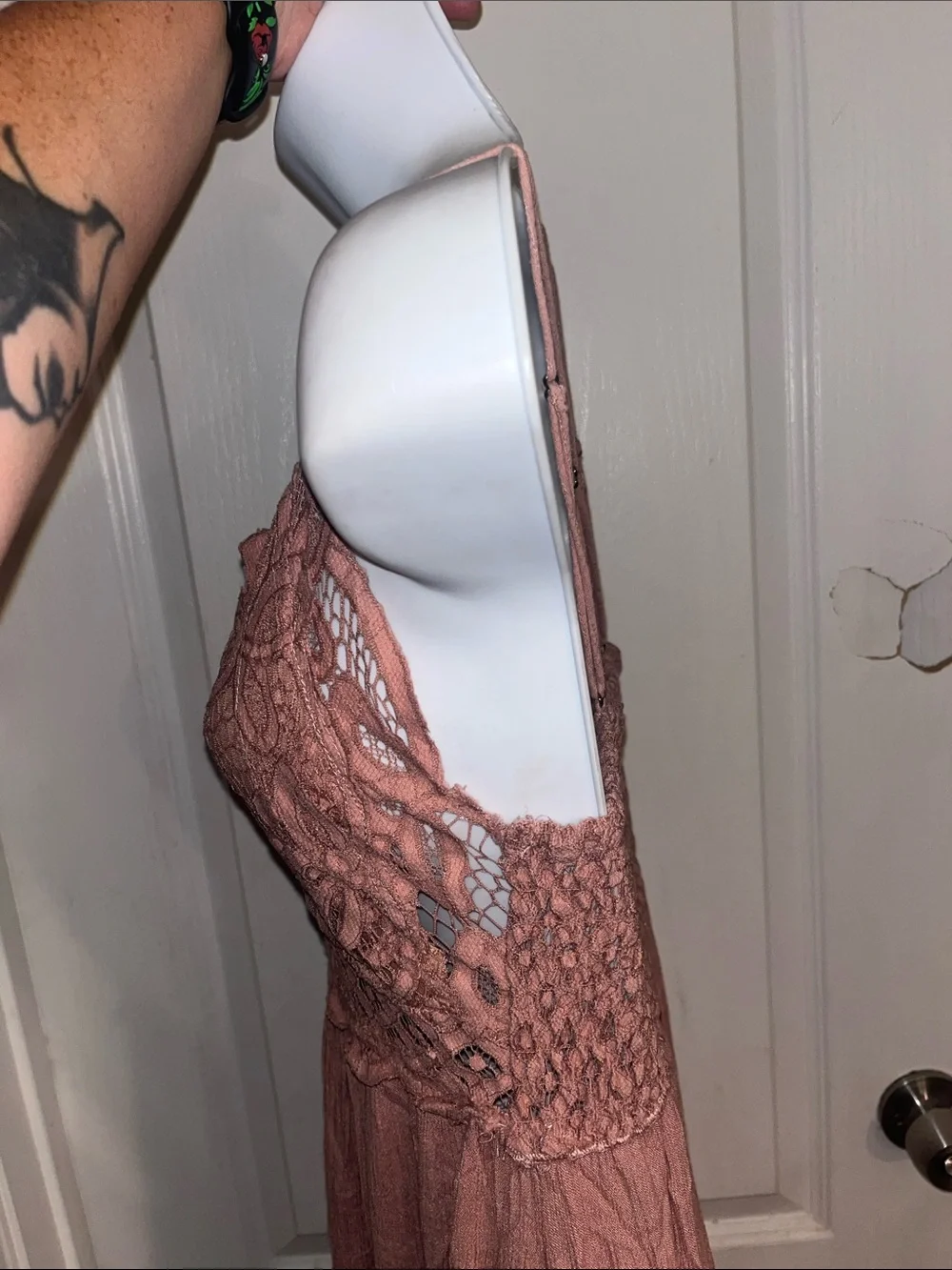 Free People Adella Maxi Slip Dress in a dusty rose color, featuring a crocheted